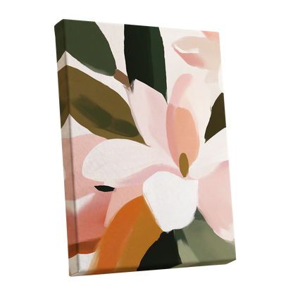 Petal Grove, pink, white, green floral wall art shown as a stretched canvas wall art