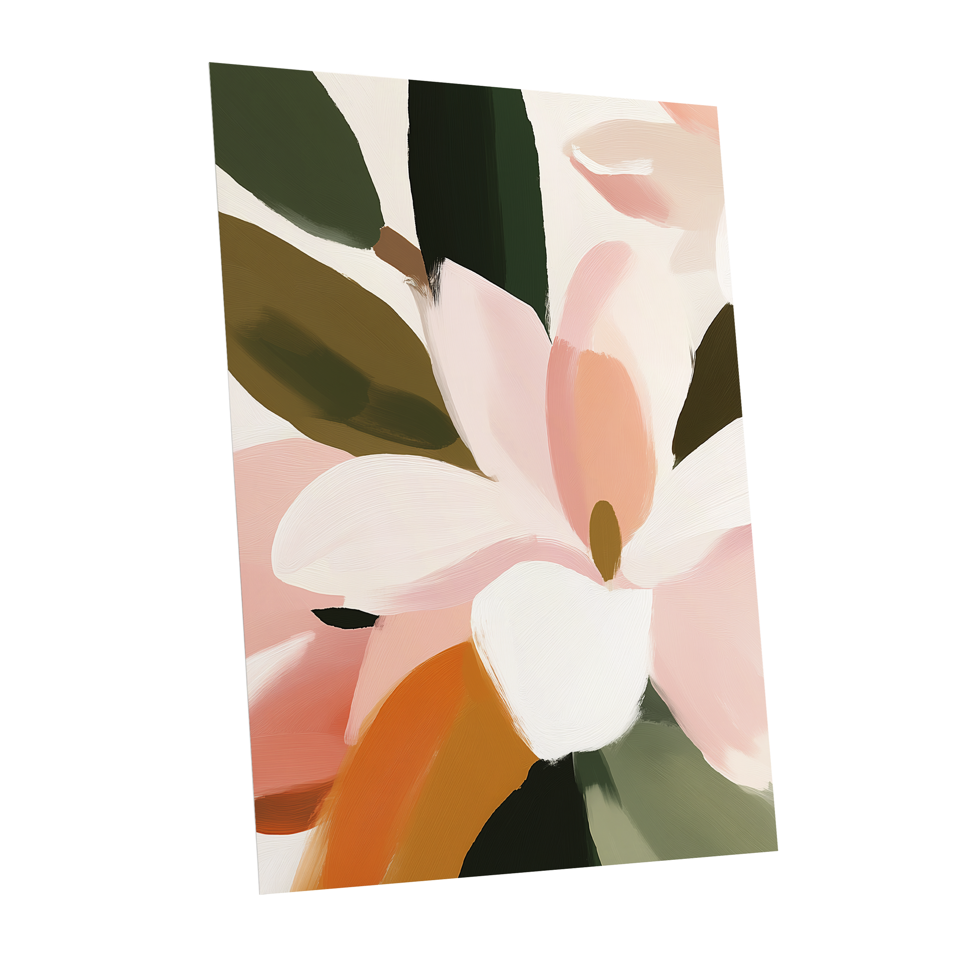 Petal Grove, pink, white, green floral wall art shown as a unframed poster wall art print