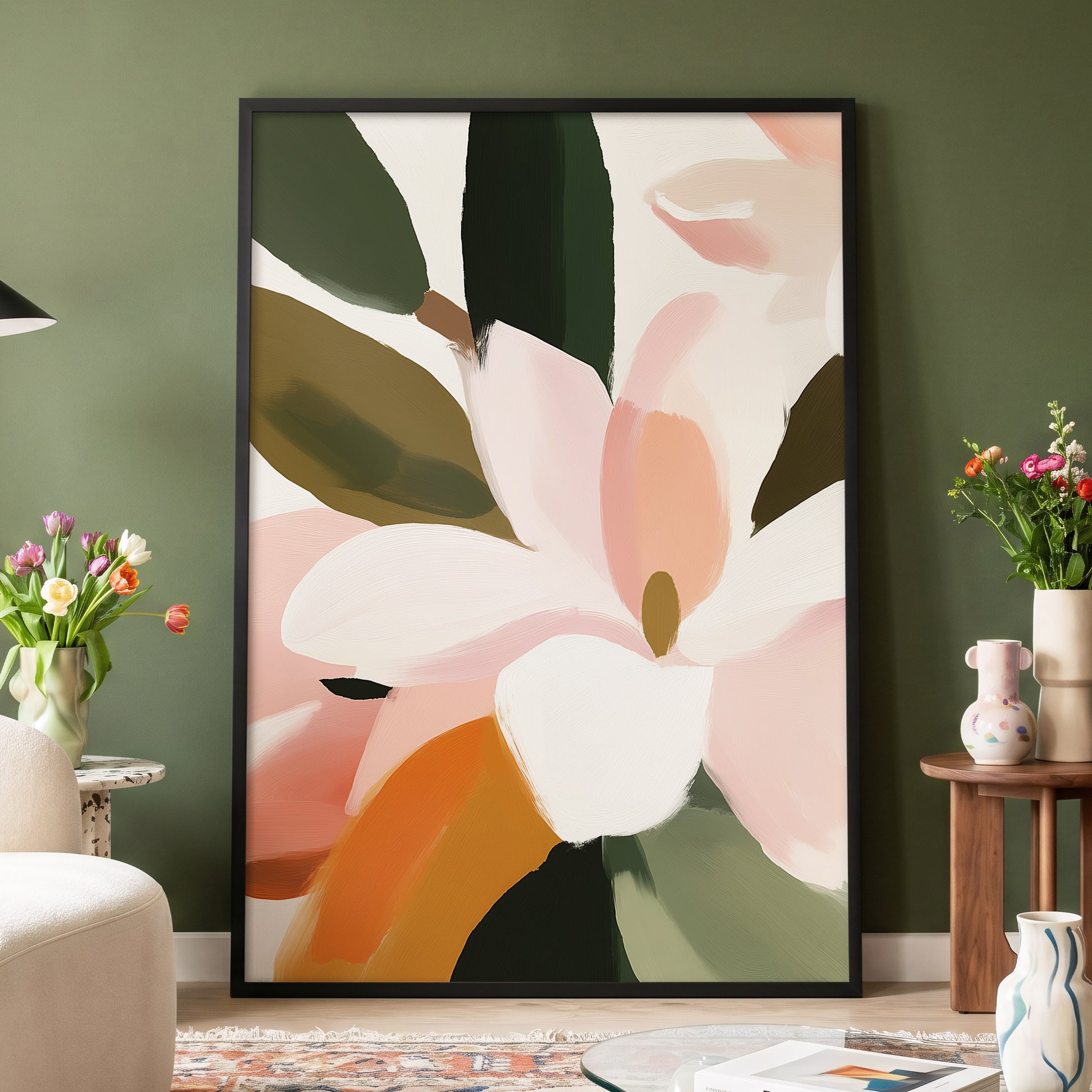 Petal Grove, pink, white, green floral wall art displayed in a styled interior, gallery view 2