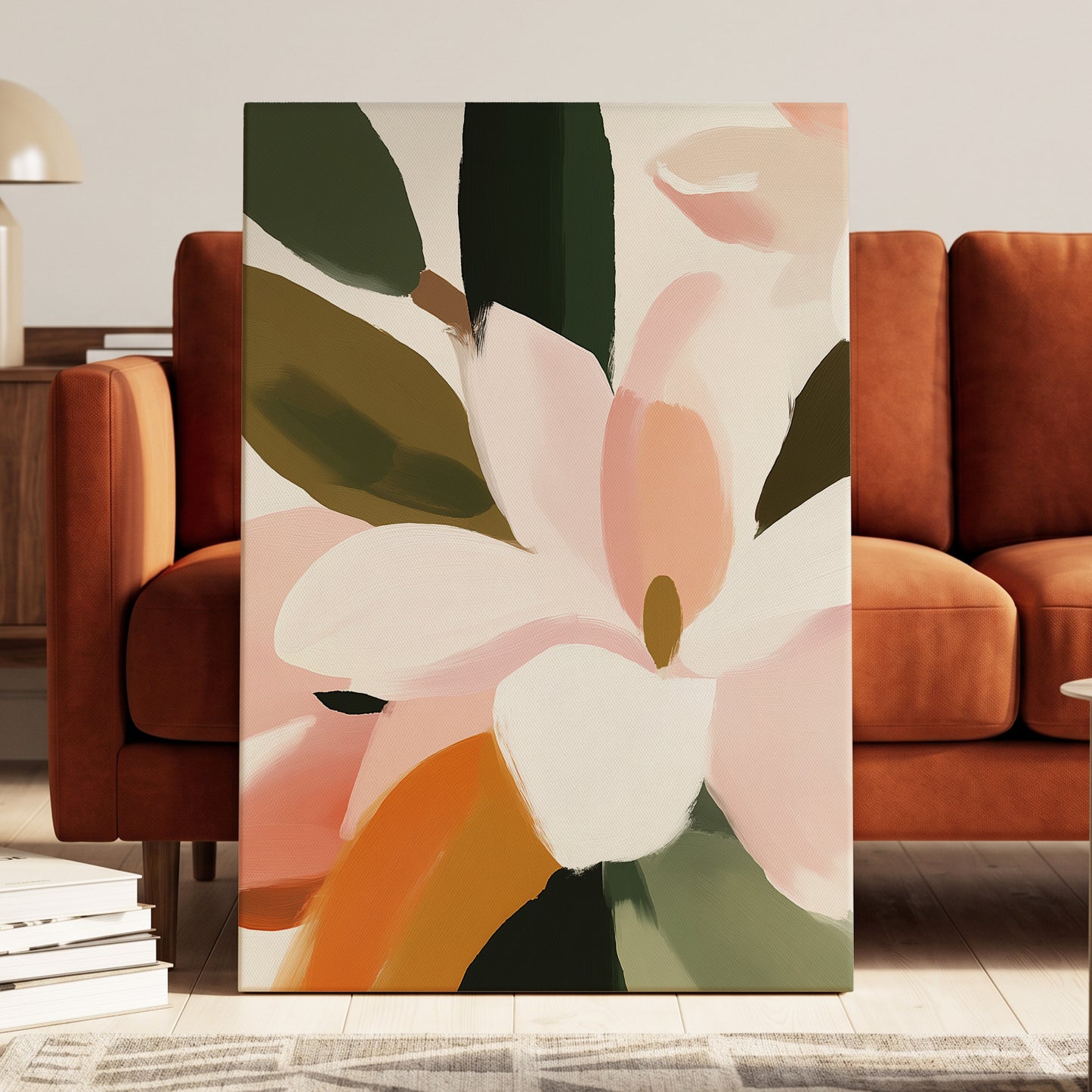 Petal Grove, pink, white, green floral wall art displayed in a styled interior, gallery view 3