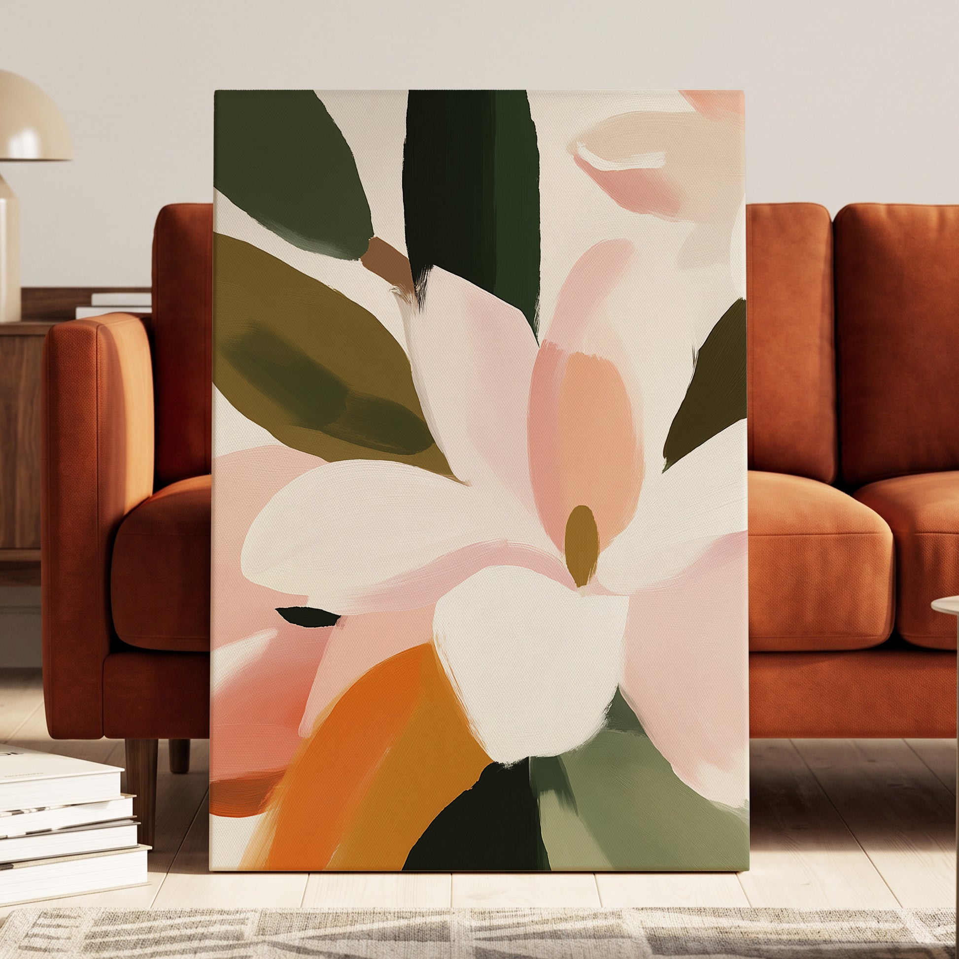 Petal Grove, pink, white, green floral wall art displayed in a styled interior, gallery view 3