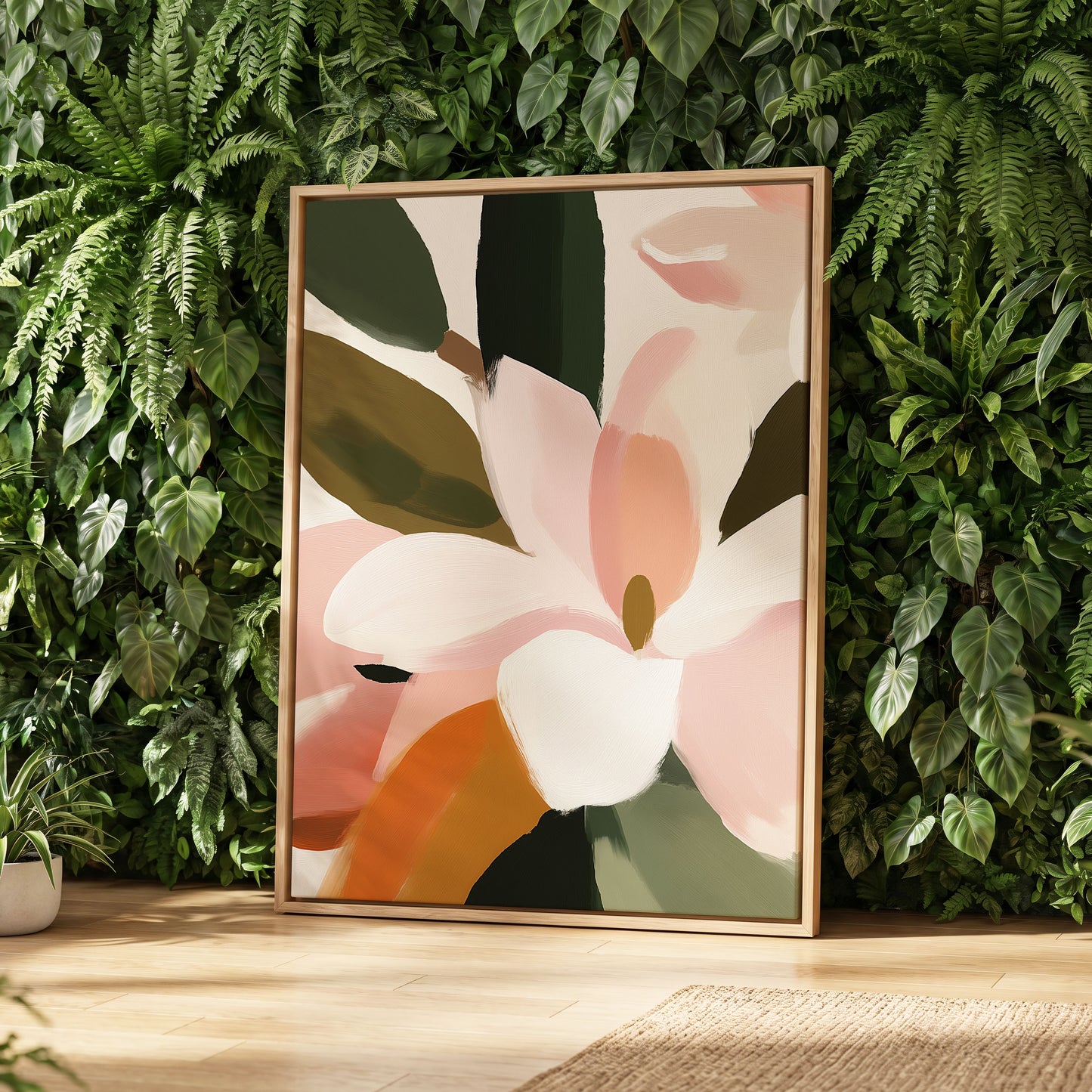 Petal Grove, pink, white, green floral wall art displayed in a styled interior, gallery view 4