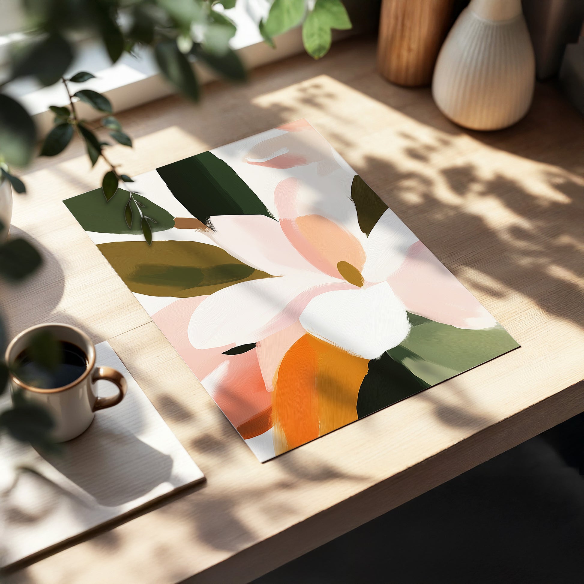Petal Grove, pink, white, green floral wall art displayed in a styled interior, gallery view 5