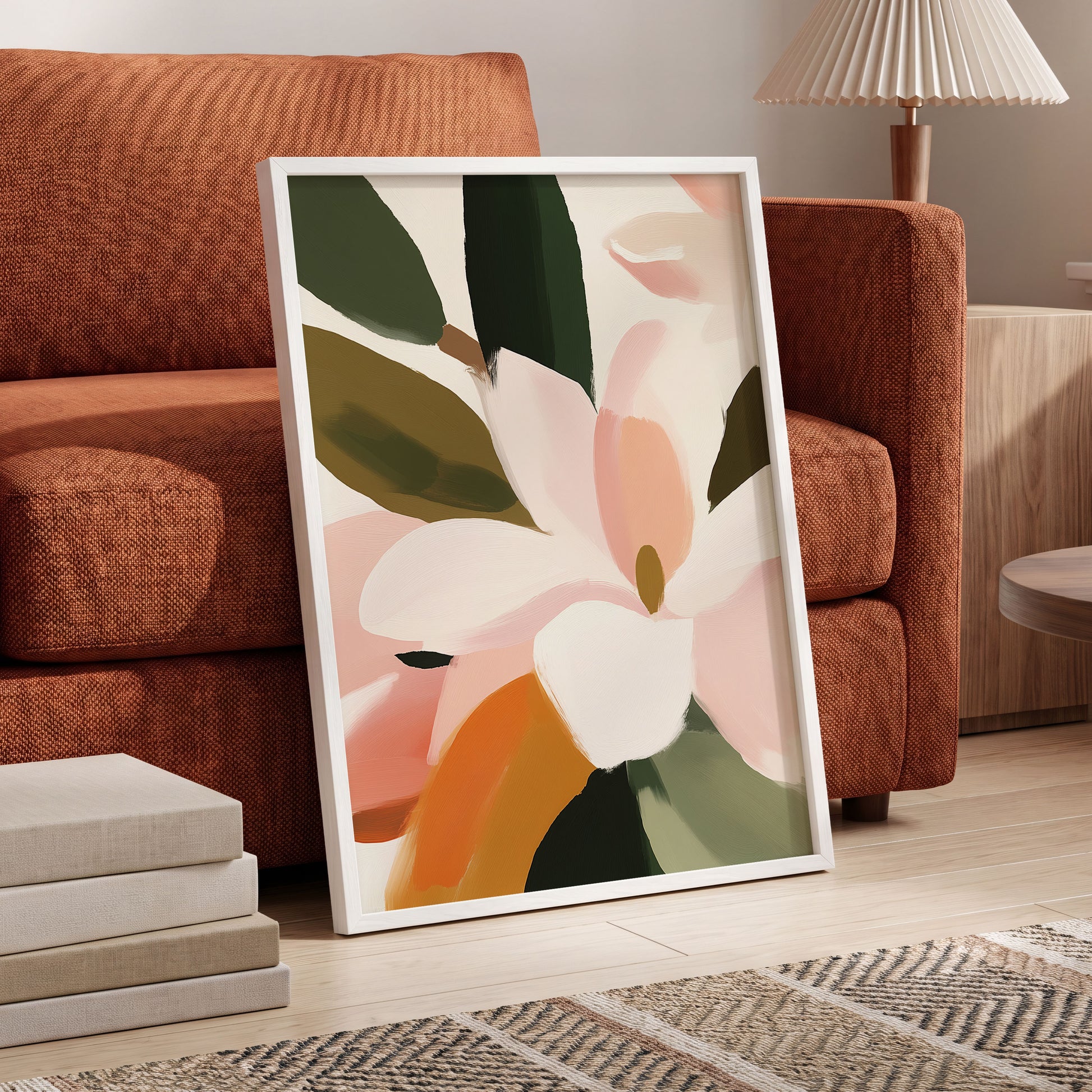 Petal Grove, pink, white, green floral wall art displayed in a styled interior, gallery view 6