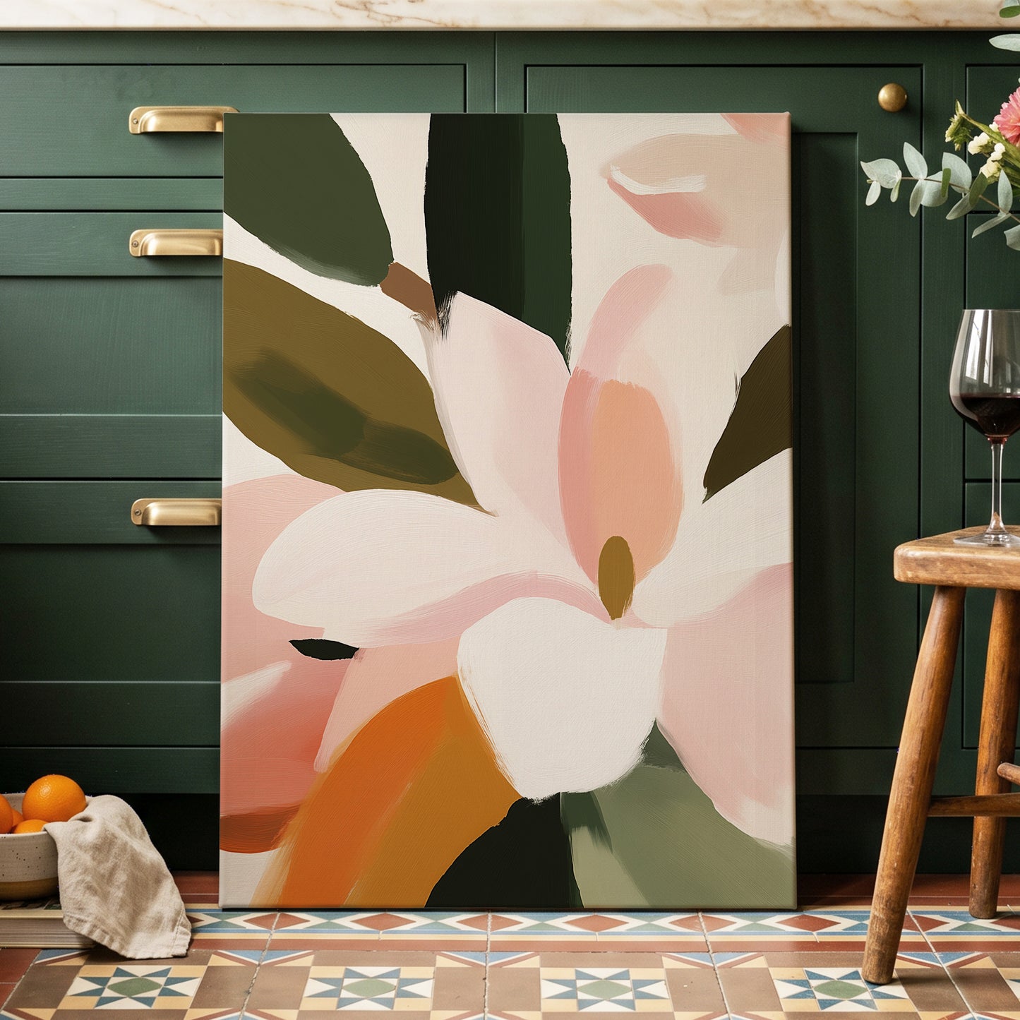 Petal Grove, pink, white, green floral wall art displayed in a styled interior, gallery view 7