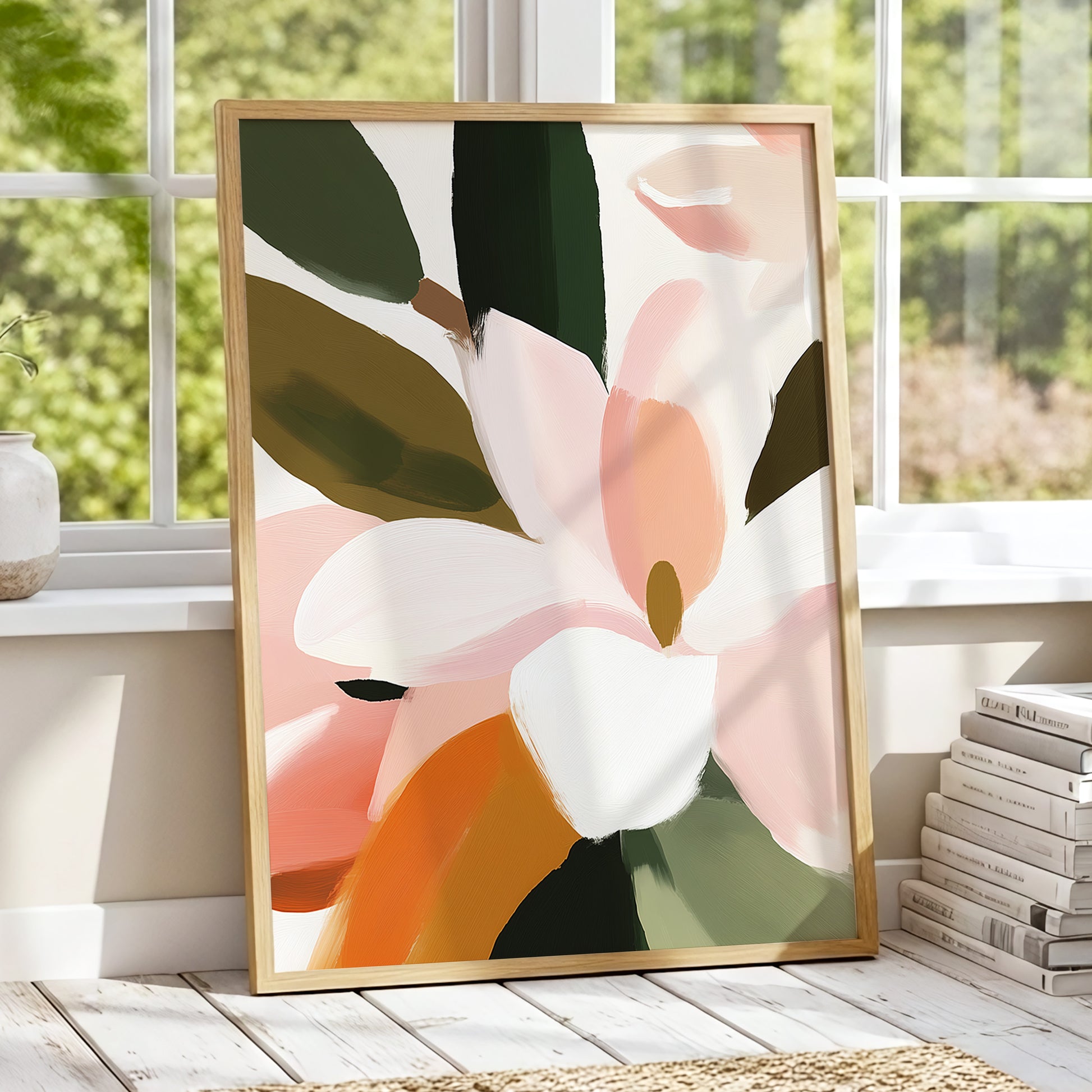 Petal Grove, pink, white, green floral wall art displayed in a styled interior, gallery view 9