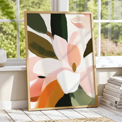 Petal Grove, pink, white, green floral wall art displayed in a styled interior, gallery view 9