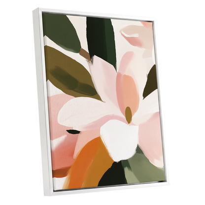 Petal Grove, pink, white, green floral wall art shown as a white framed canvas wall art