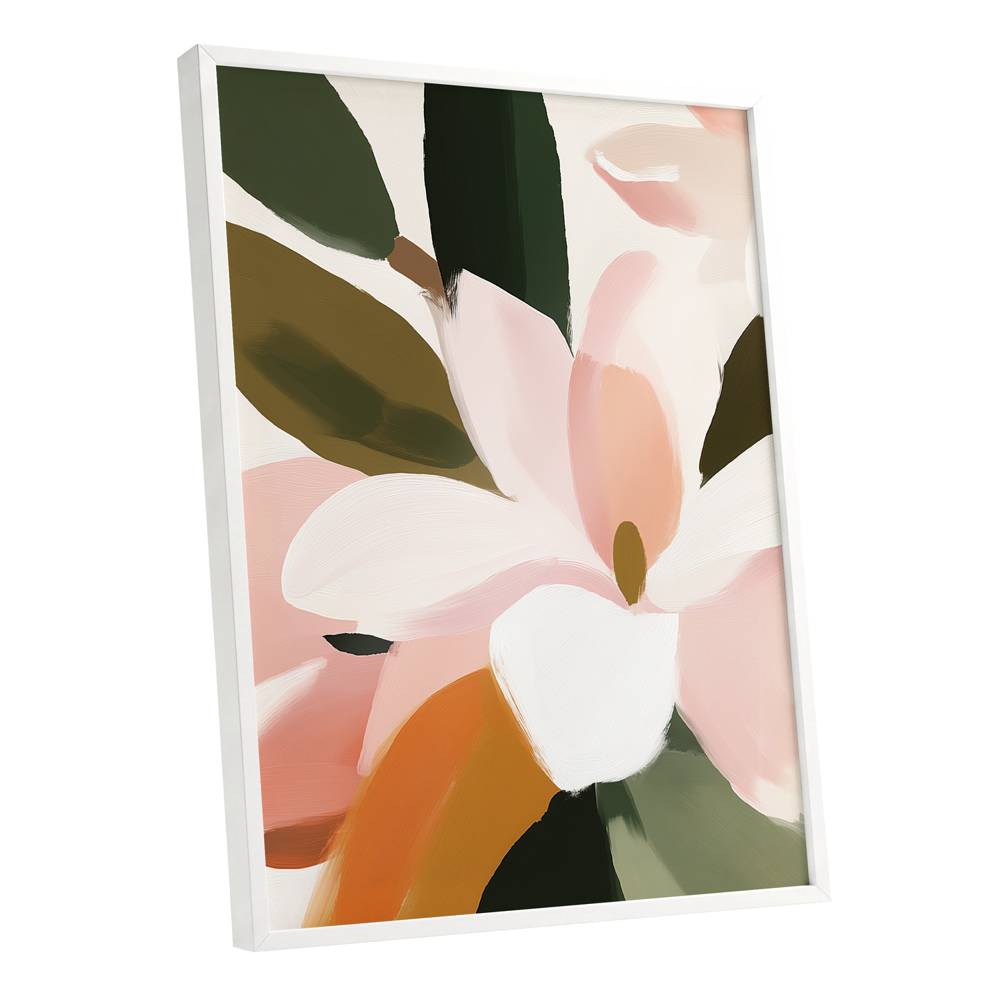 Petal Grove, pink, white, green floral wall art shown as a white framed poster wall art print