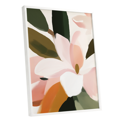 Petal Grove, pink, white, green floral wall art shown as a white framed poster wall art print