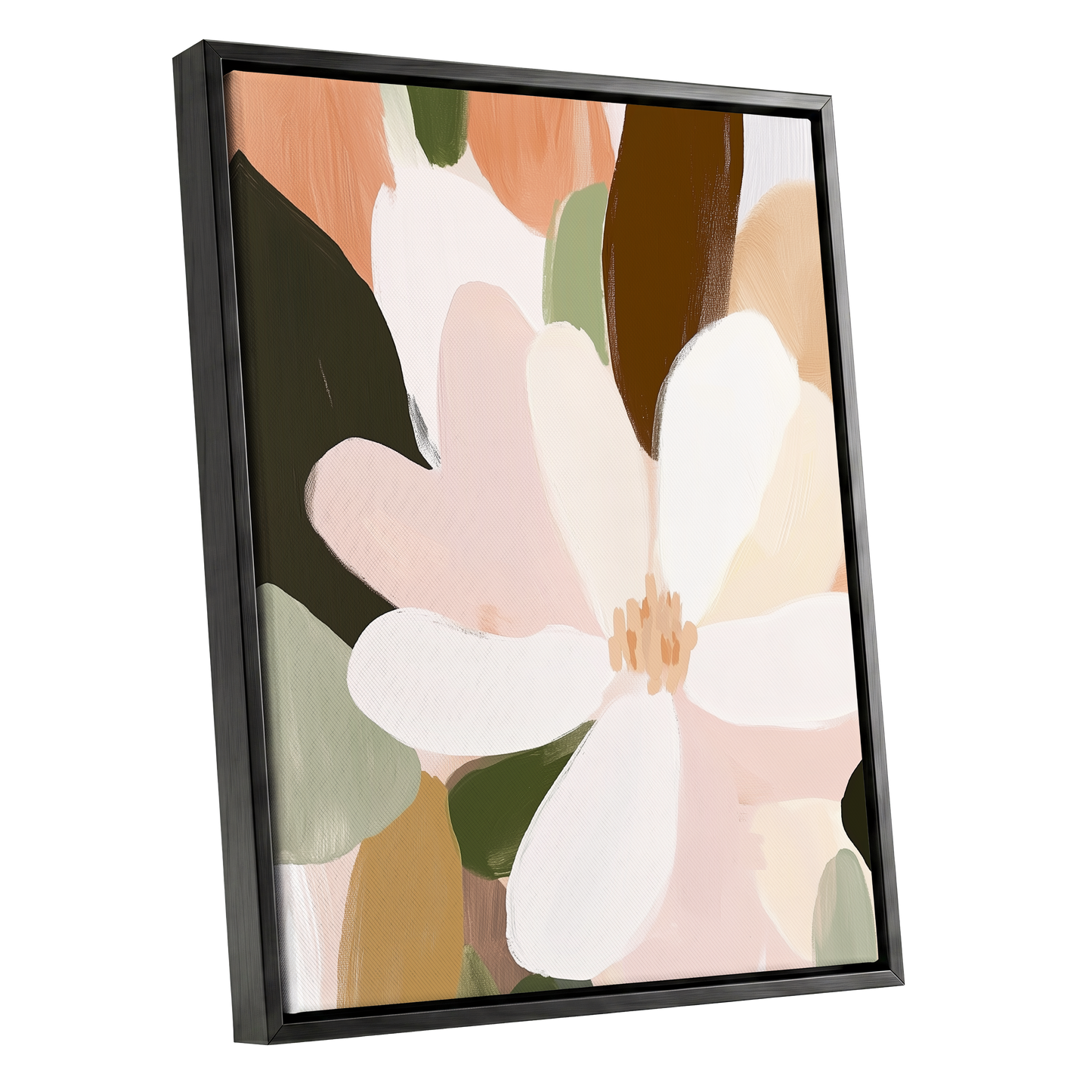 Petal Reverie, white, pink, green floral wall art shown as a black framed canvas wall art