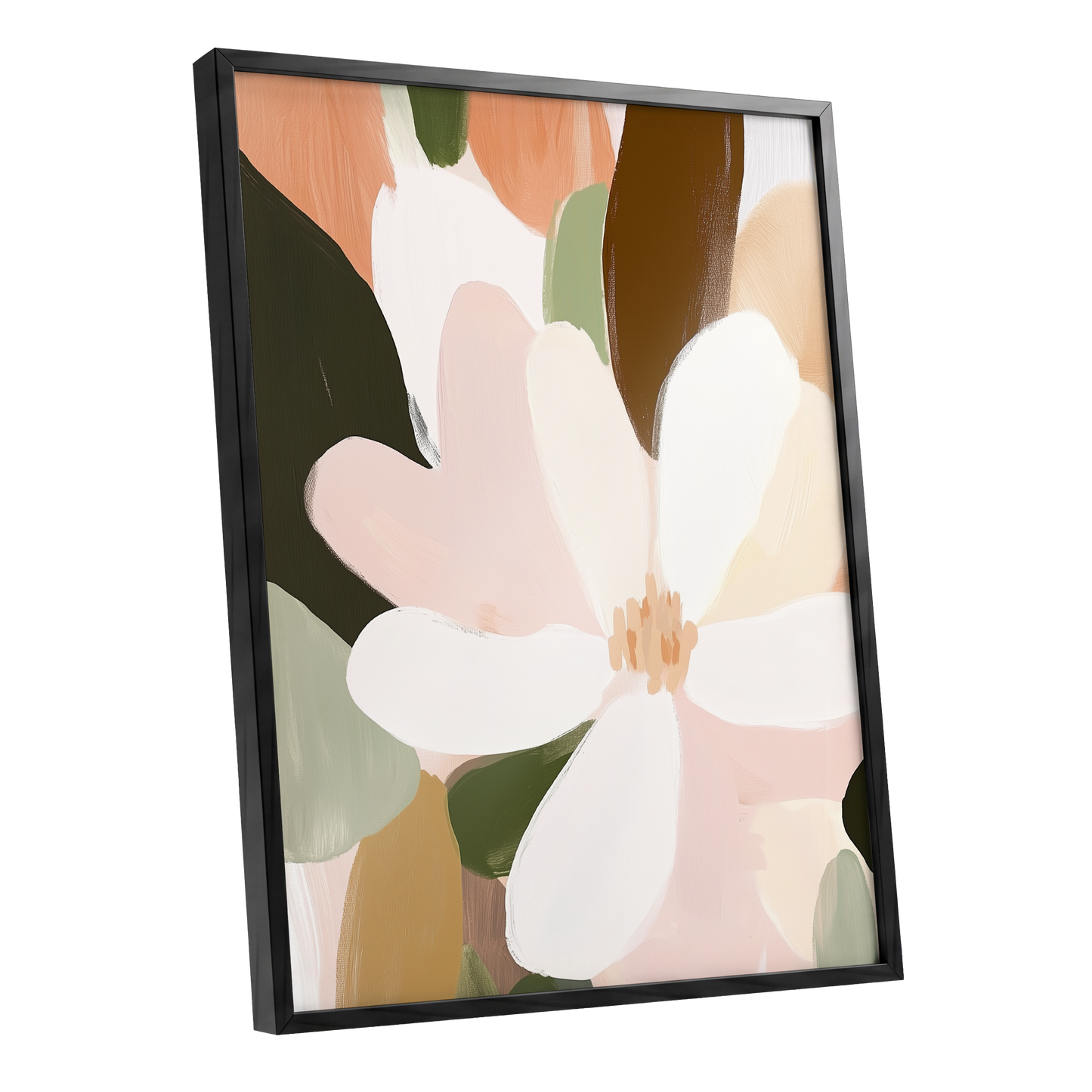 Petal Reverie, white, pink, green floral wall art shown as a black framed poster wall art print