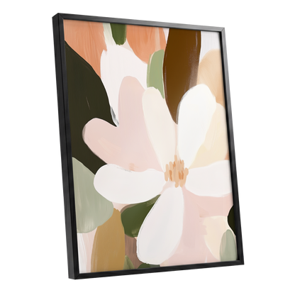 Petal Reverie, white, pink, green floral wall art shown as a black framed poster wall art print