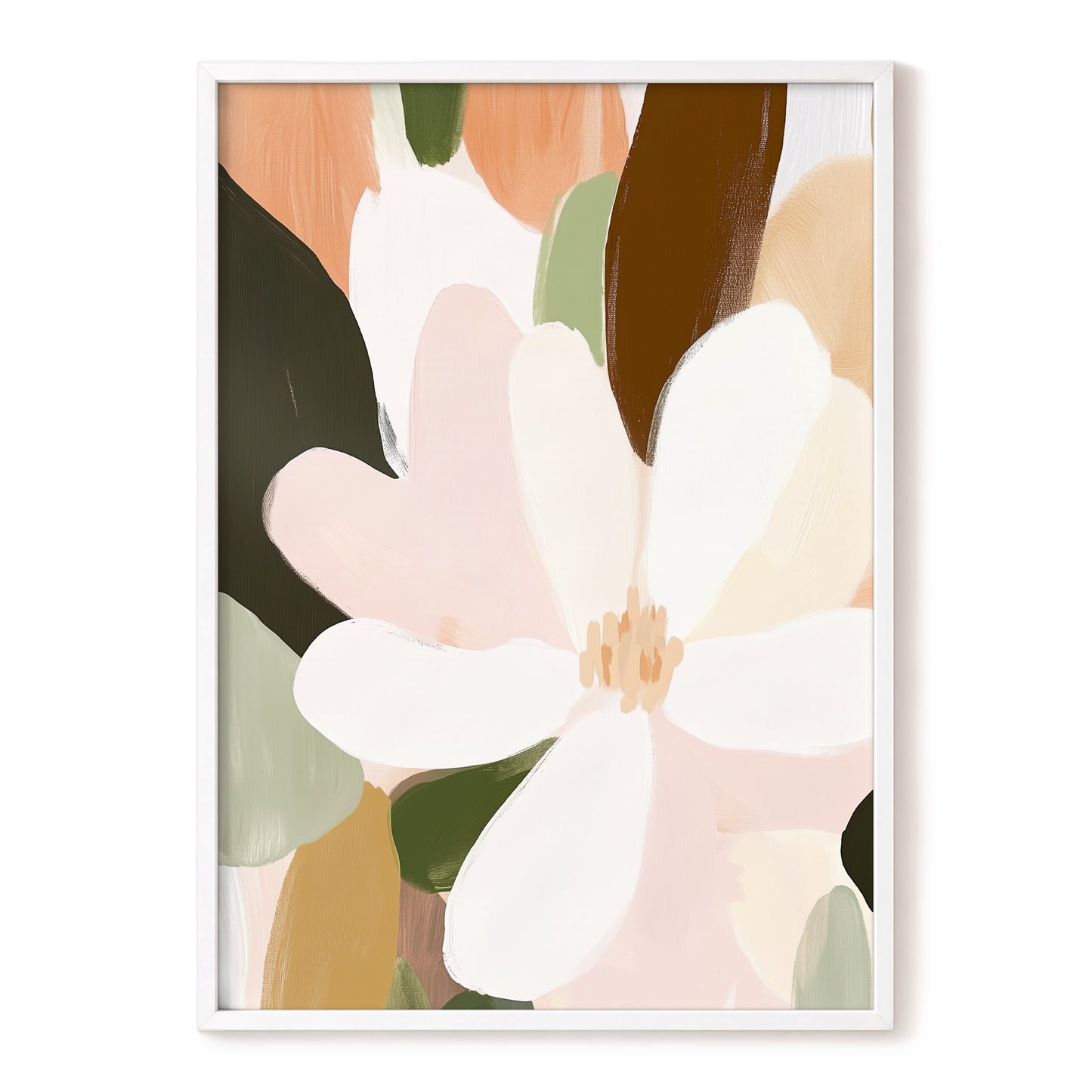 Petal Reverie, white, pink, green floral wall art, front artwork view
