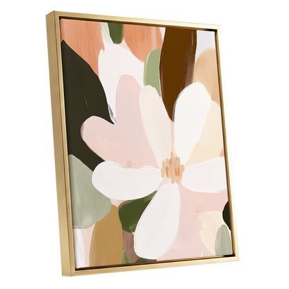 Petal Reverie, white, pink, green floral wall art shown as a gold framed canvas wall art