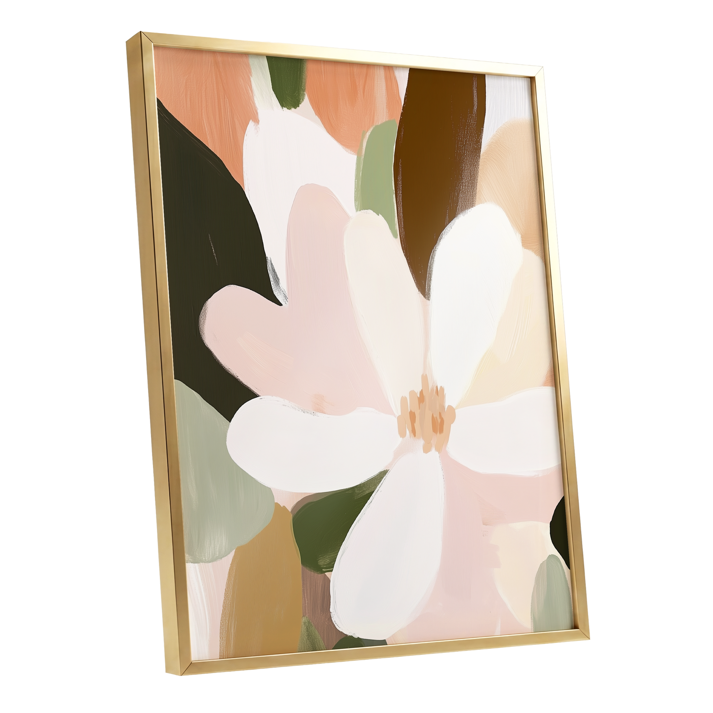 Petal Reverie, white, pink, green floral wall art shown as a gold framed poster wall art print
