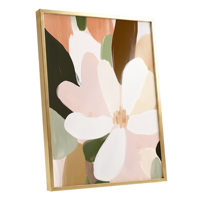 Petal Reverie, white, pink, green floral wall art shown as a gold framed poster wall art print