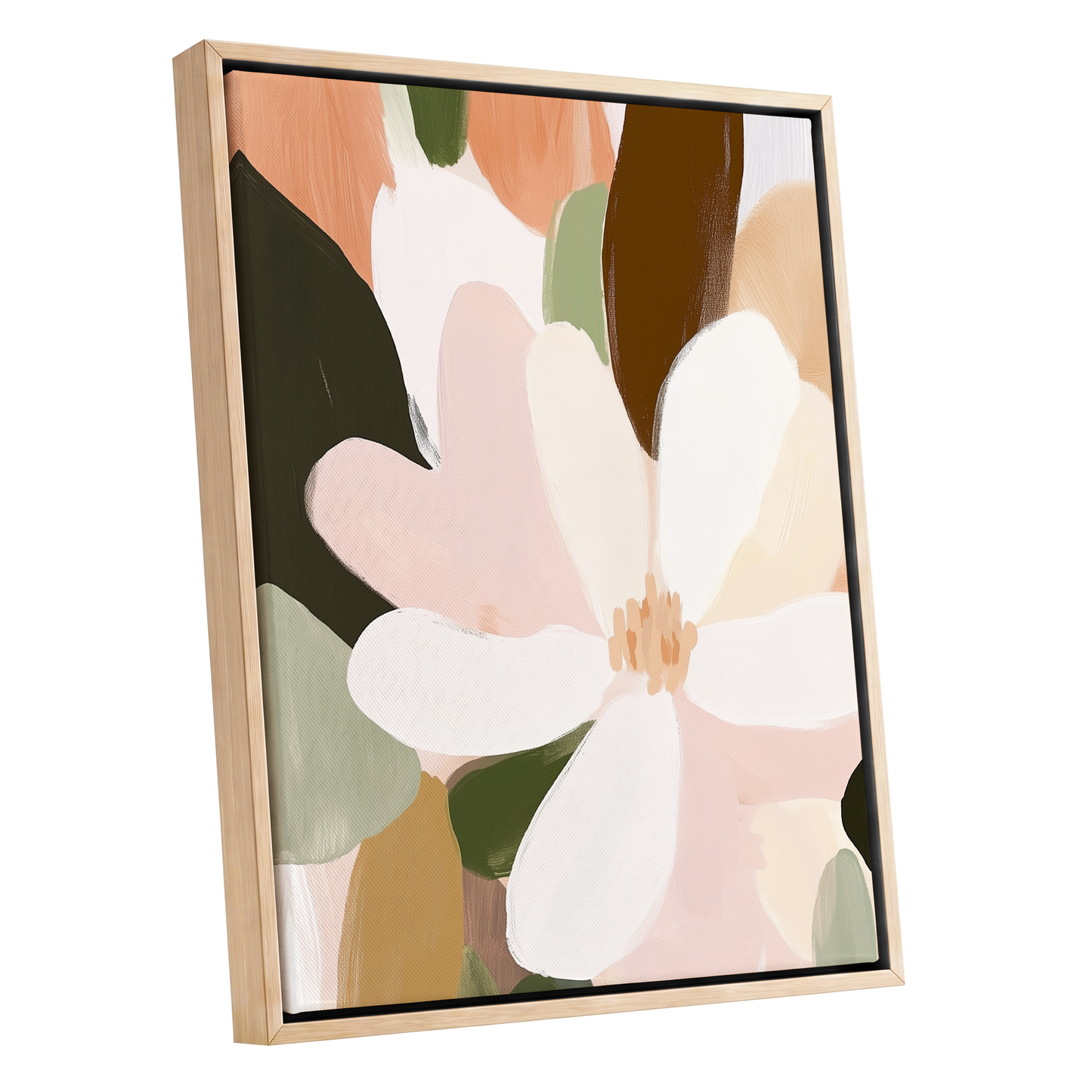 Petal Reverie, white, pink, green floral wall art shown as a oak framed canvas wall art