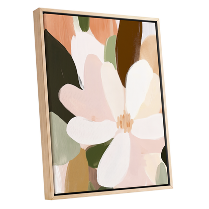 Petal Reverie, white, pink, green floral wall art shown as a oak framed canvas wall art