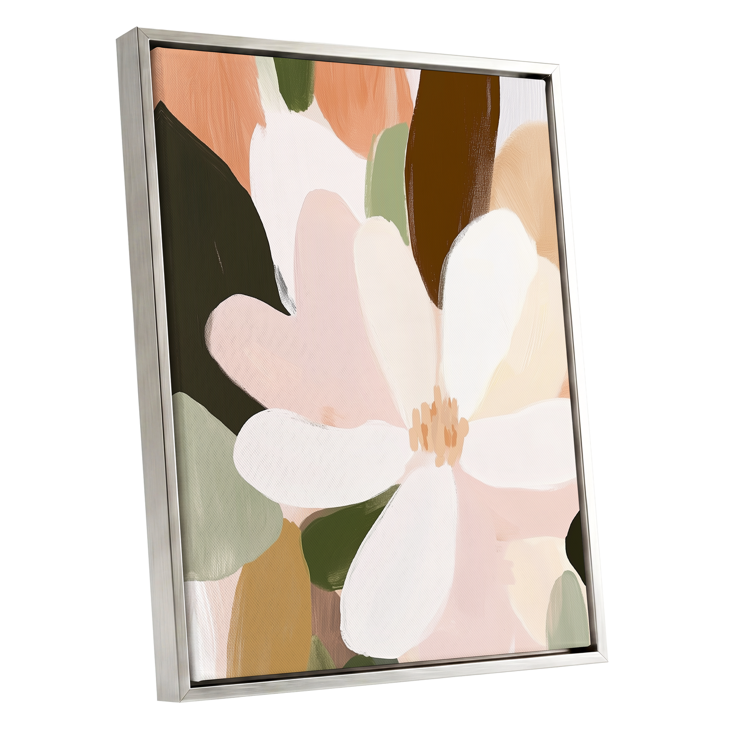 Petal Reverie, white, pink, green floral wall art shown as a silver framed canvas wall art
