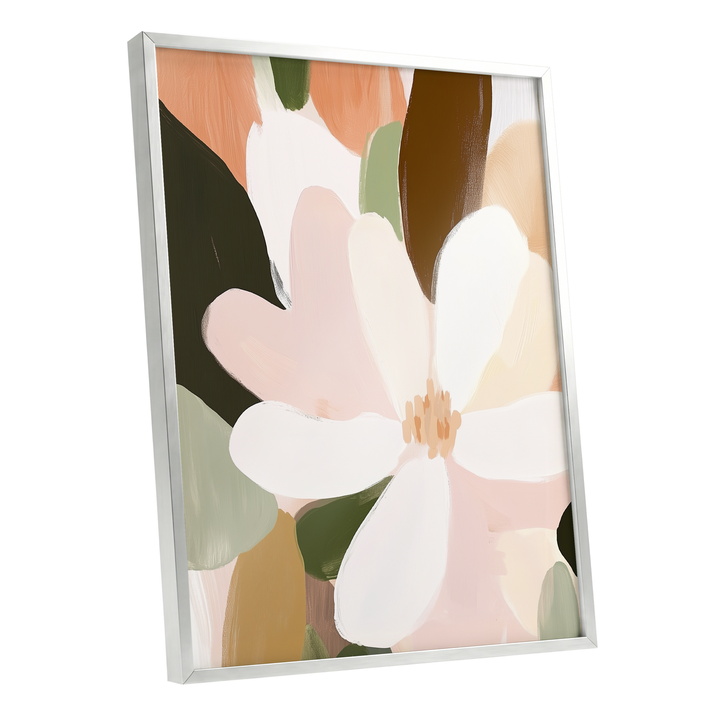Petal Reverie, white, pink, green floral wall art shown as a silver framed poster wall art print