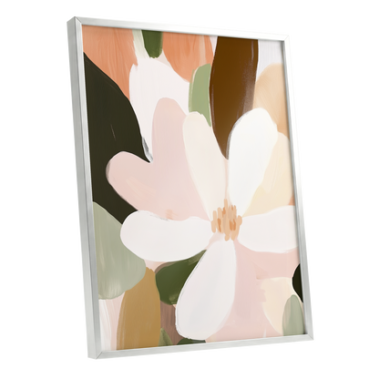 Petal Reverie, white, pink, green floral wall art shown as a silver framed poster wall art print