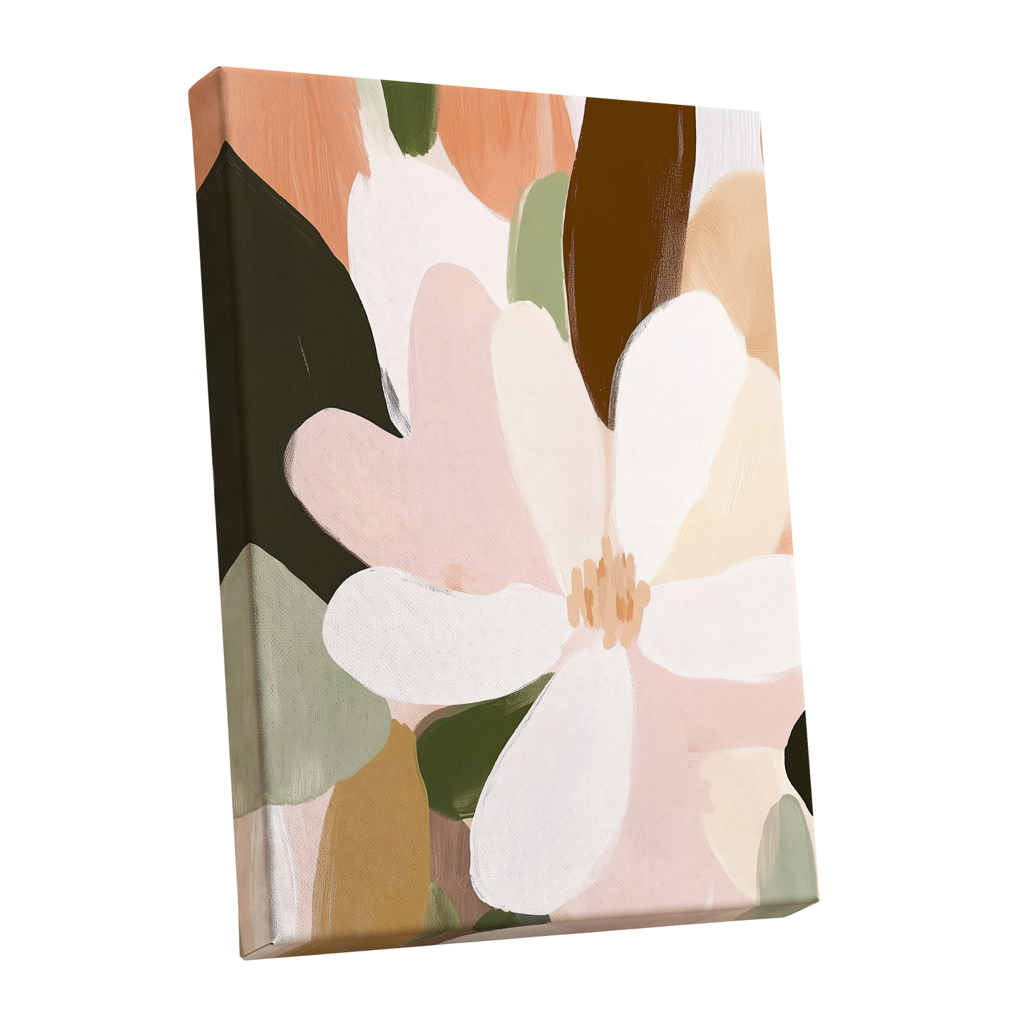 Petal Reverie, white, pink, green floral wall art shown as a stretched canvas wall art