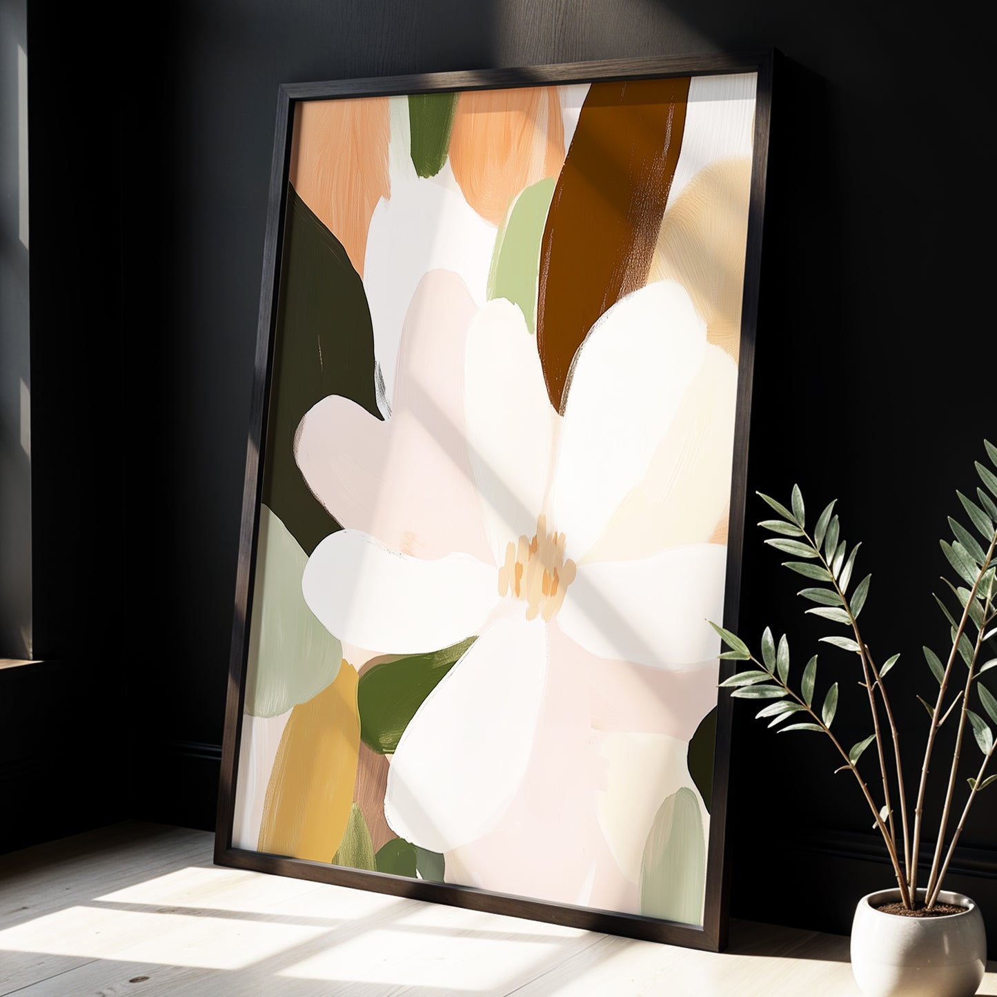 Petal Reverie, white, pink, green floral wall art displayed in a styled interior, gallery view 2