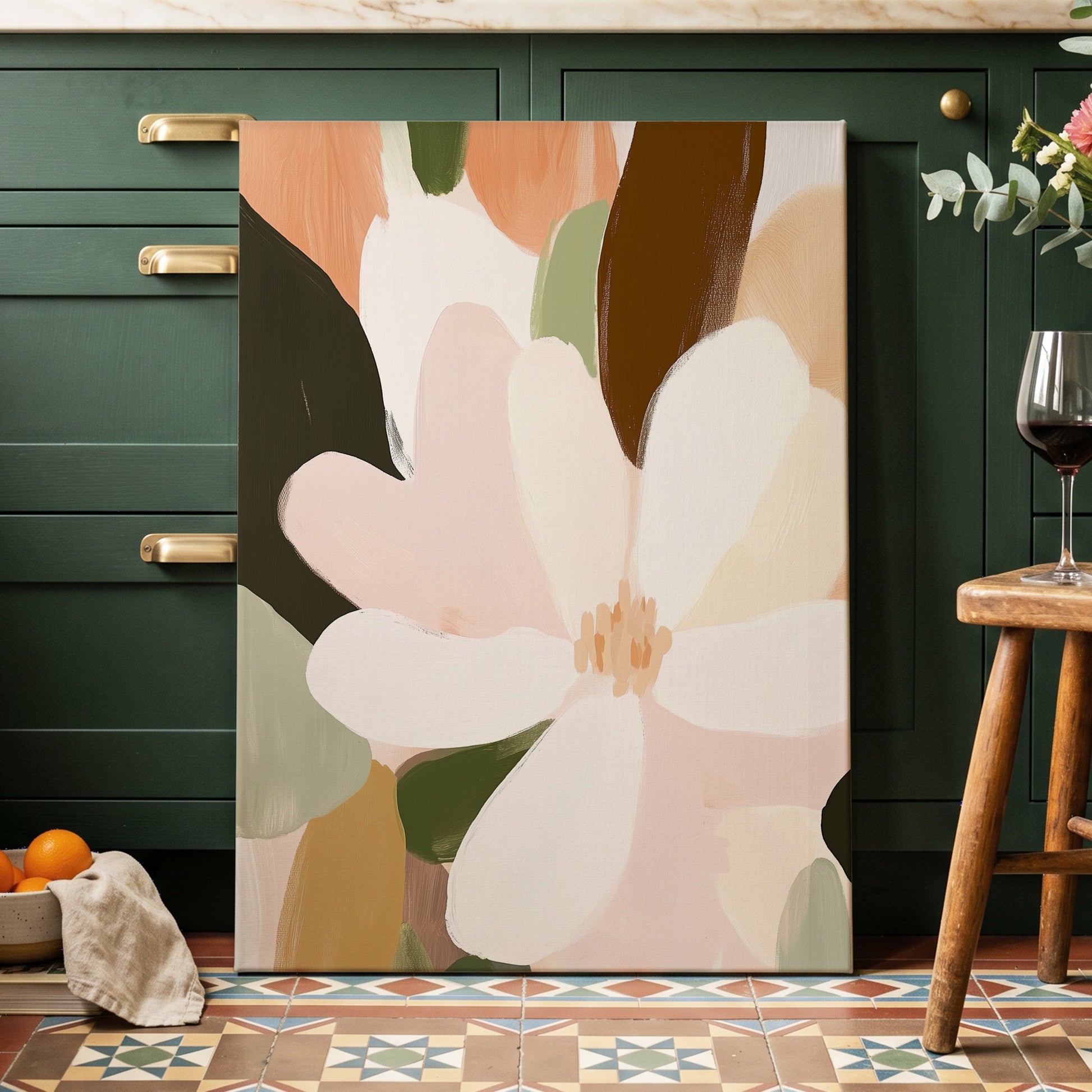 Petal Reverie, white, pink, green floral wall art displayed in a styled interior, gallery view 3