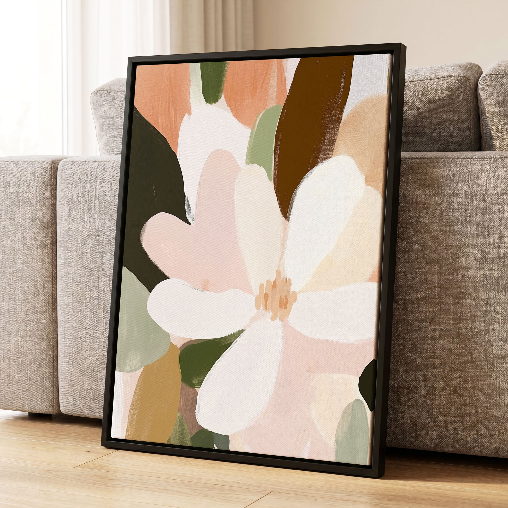 Petal Reverie, white, pink, green floral wall art displayed in a styled interior, gallery view 4