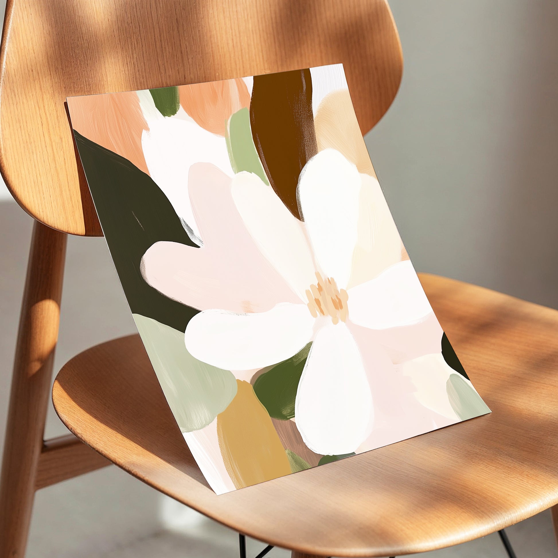 Petal Reverie, white, pink, green floral wall art displayed in a styled interior, gallery view 5
