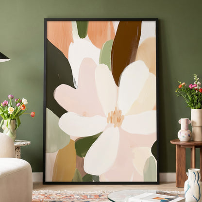 Petal Reverie, white, pink, green floral wall art displayed in a styled interior, gallery view 6