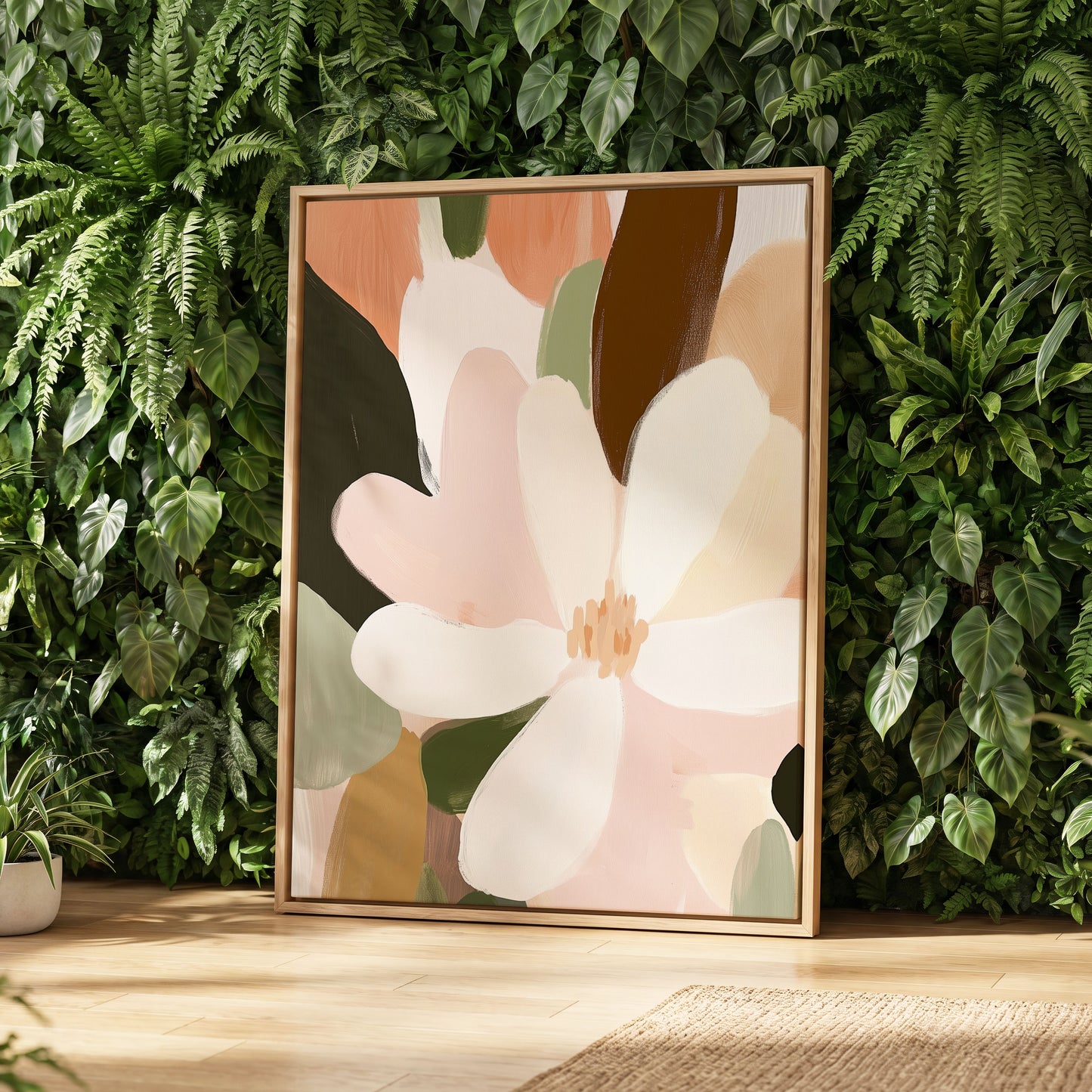 Petal Reverie, white, pink, green floral wall art displayed in a styled interior, gallery view 8