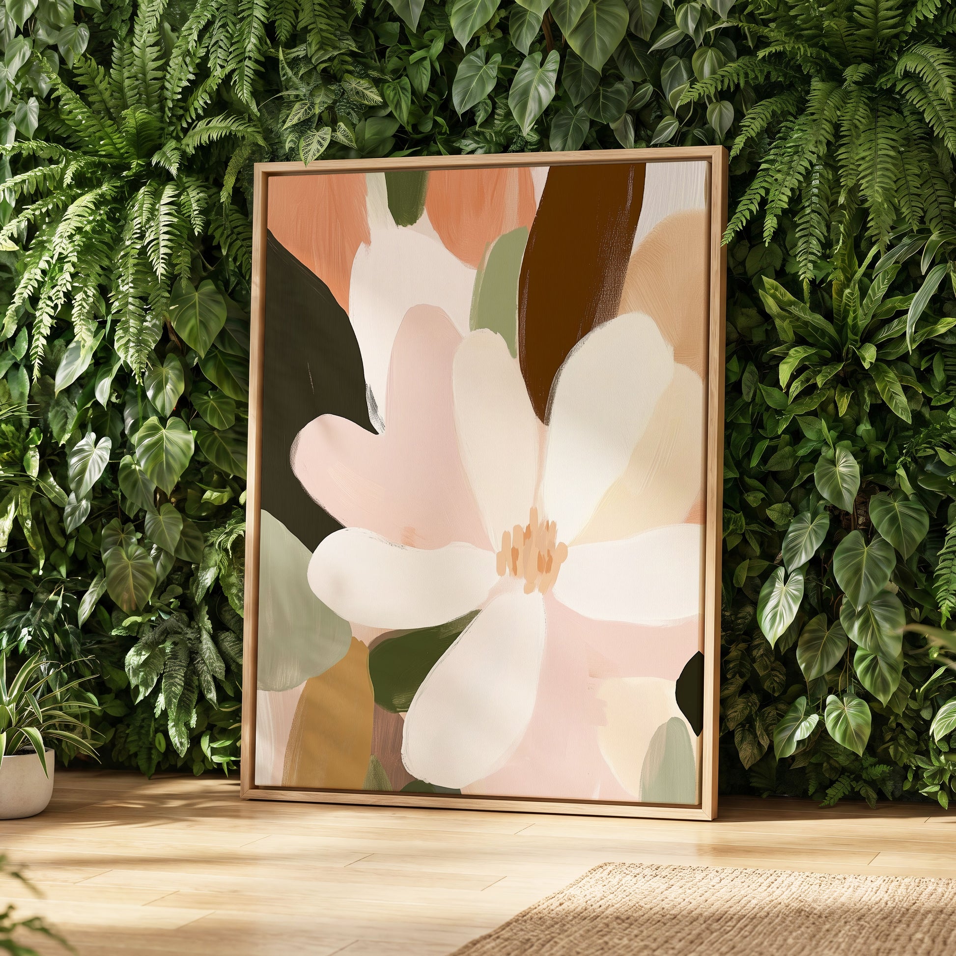 Petal Reverie, white, pink, green floral wall art displayed in a styled interior, gallery view 8