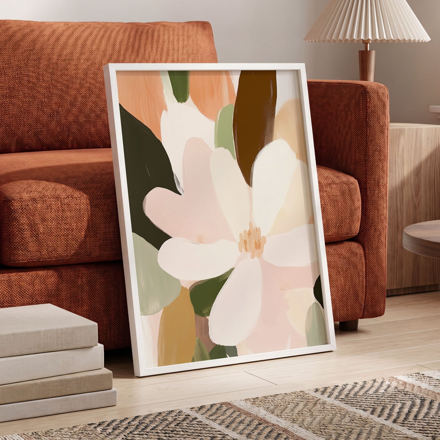 Petal Reverie, white, pink, green floral wall art displayed in a styled interior, gallery view 9