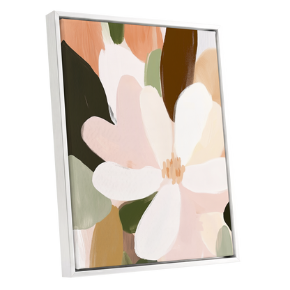 Petal Reverie, white, pink, green floral wall art shown as a white framed canvas wall art