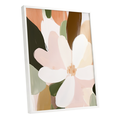 Petal Reverie, white, pink, green floral wall art shown as a white framed poster wall art print