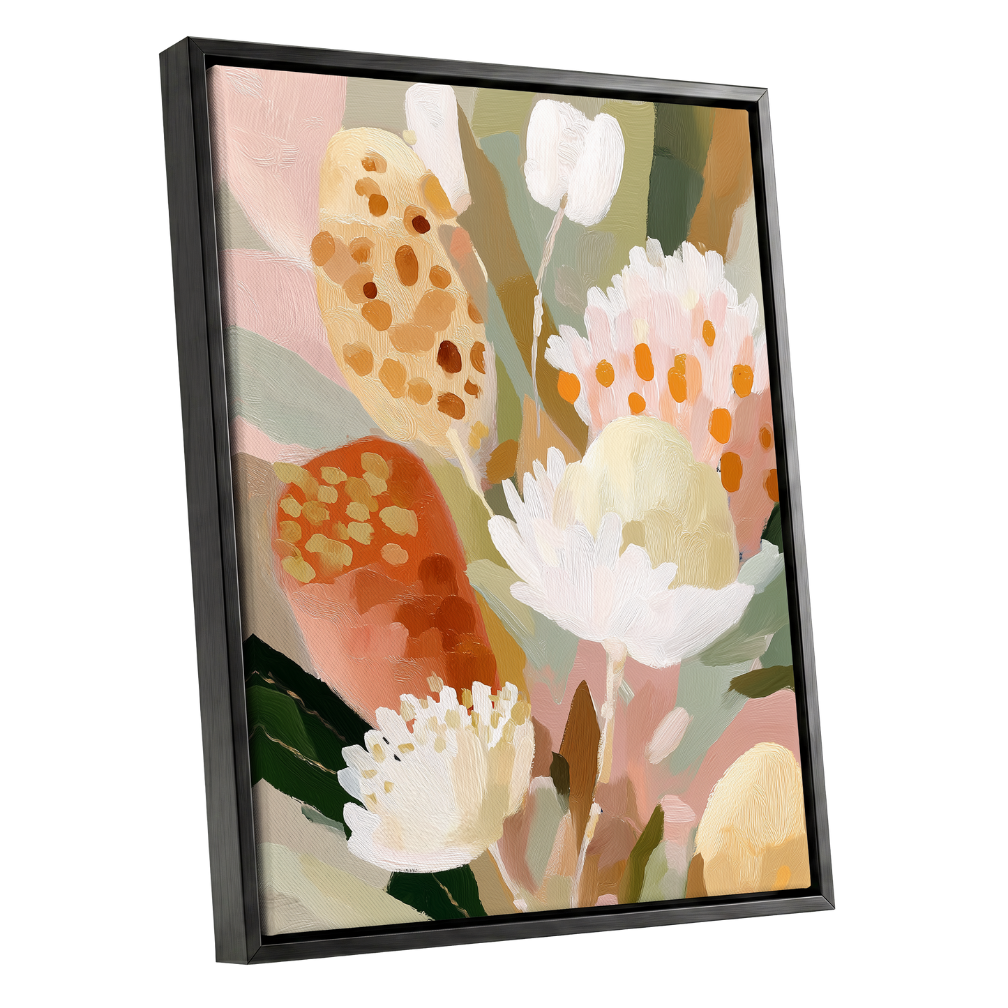 Petal Tapestry, pink, white, green floral wall art shown as a black framed canvas wall art