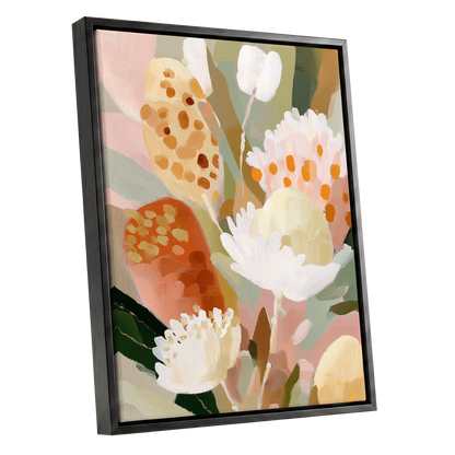 Petal Tapestry, pink, white, green floral wall art shown as a black framed canvas wall art