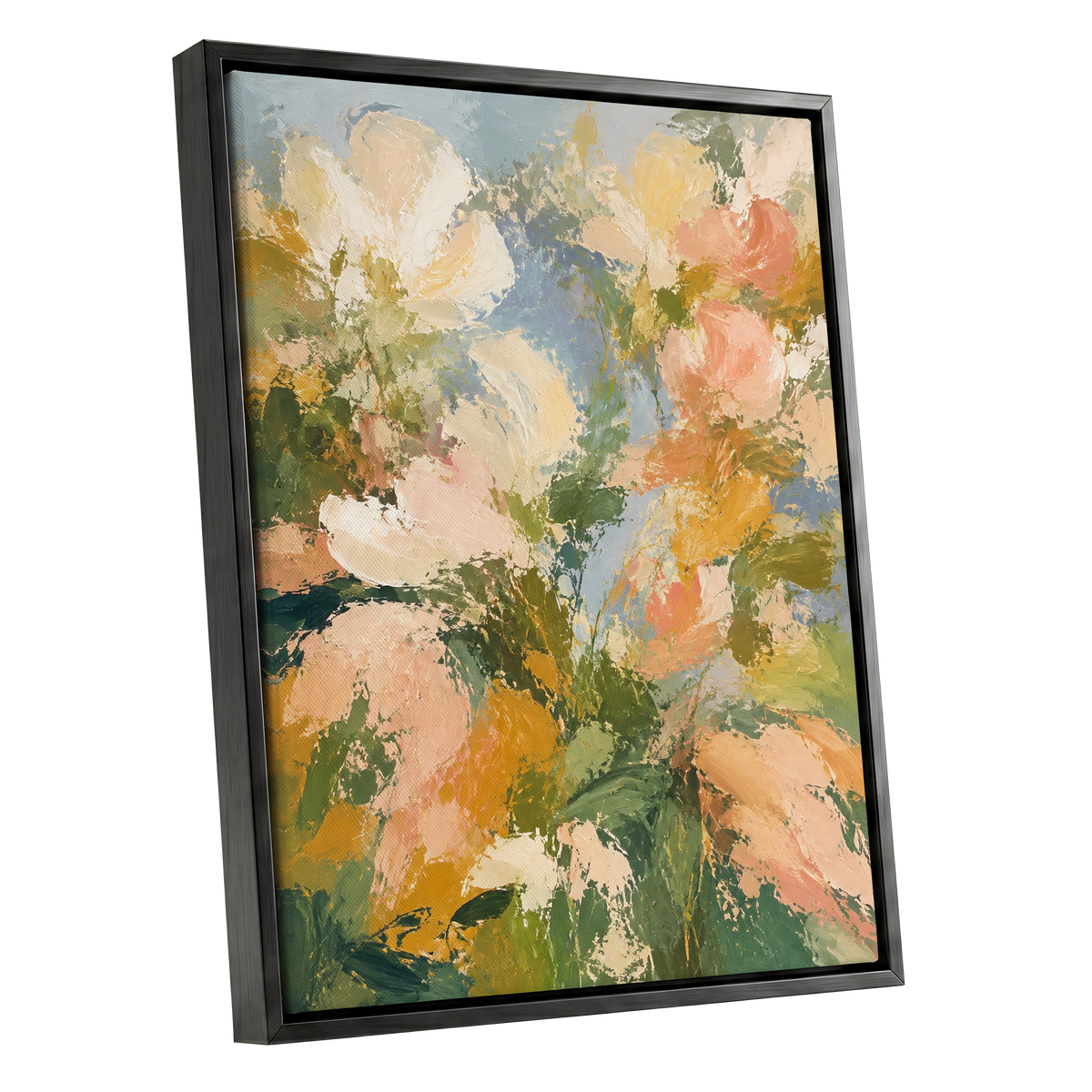 Petal Tapestry, green, pink, beige floral wall art shown as a black framed canvas wall art