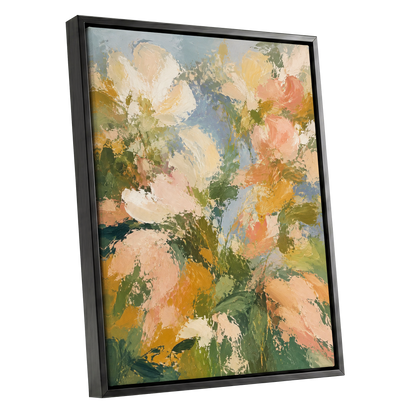 Petal Tapestry, green, pink, beige floral wall art shown as a black framed canvas wall art