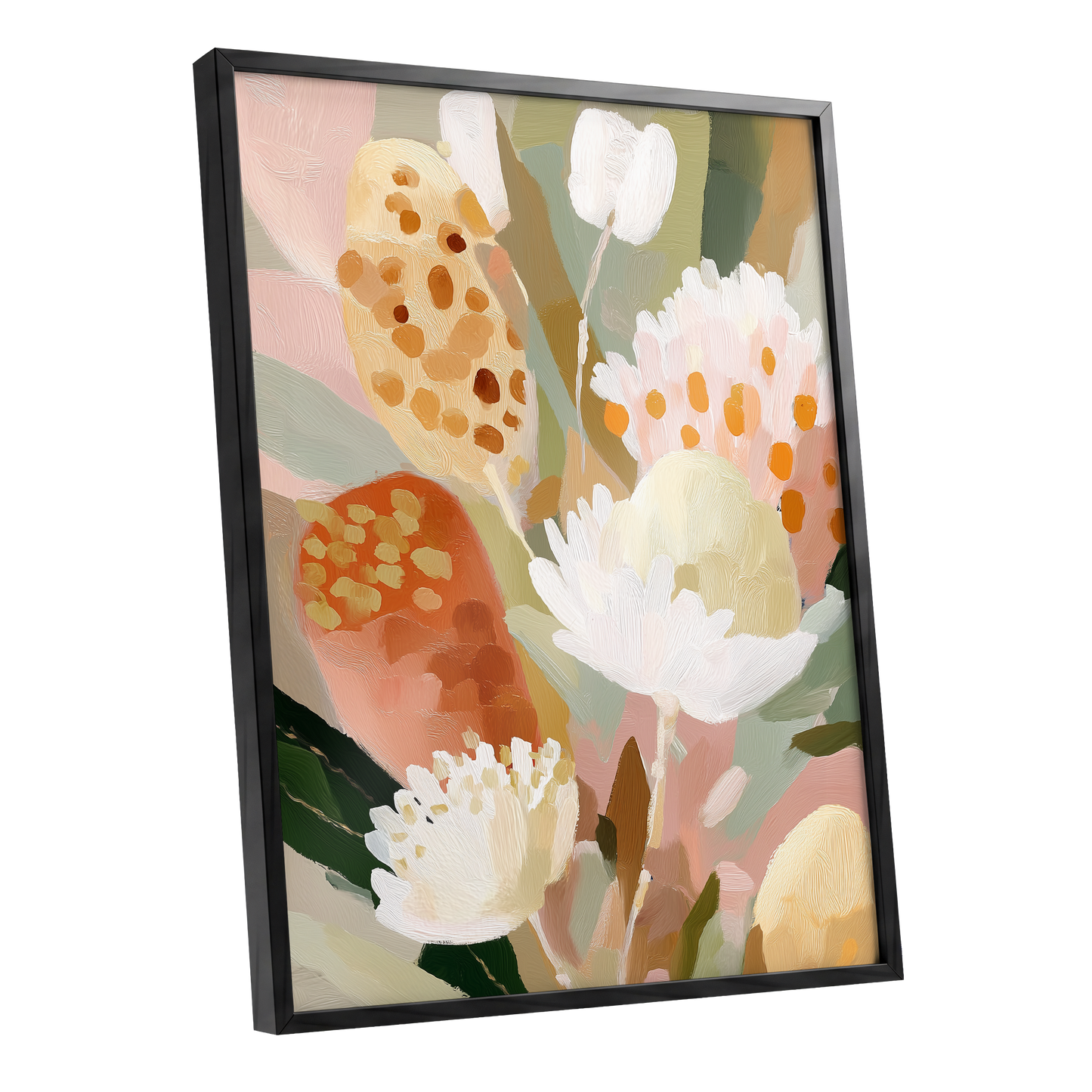Petal Tapestry, pink, white, green floral wall art shown as a black framed poster wall art print