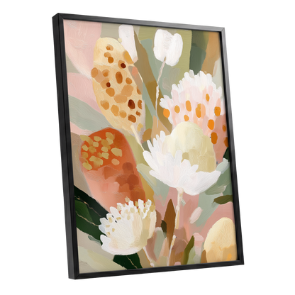 Petal Tapestry, pink, white, green floral wall art shown as a black framed poster wall art print