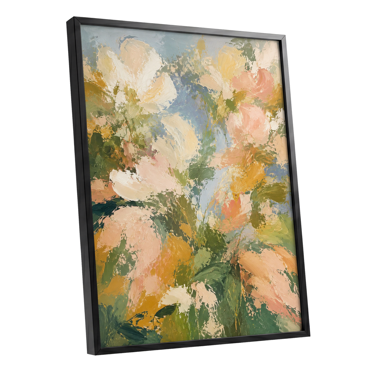 Petal Tapestry, green, pink, beige floral wall art shown as a black framed poster wall art print