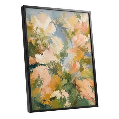 Petal Tapestry, green, pink, beige floral wall art shown as a black framed poster wall art print