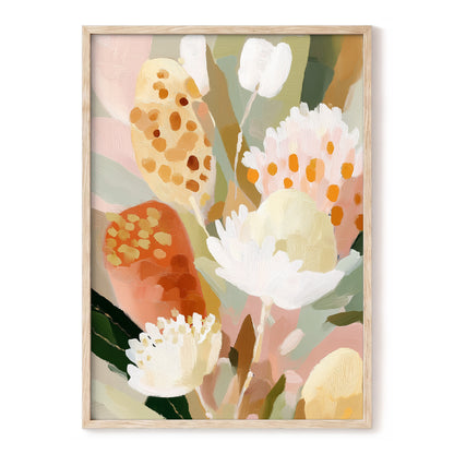 Petal Tapestry, pink, white, green floral wall art, front artwork view
