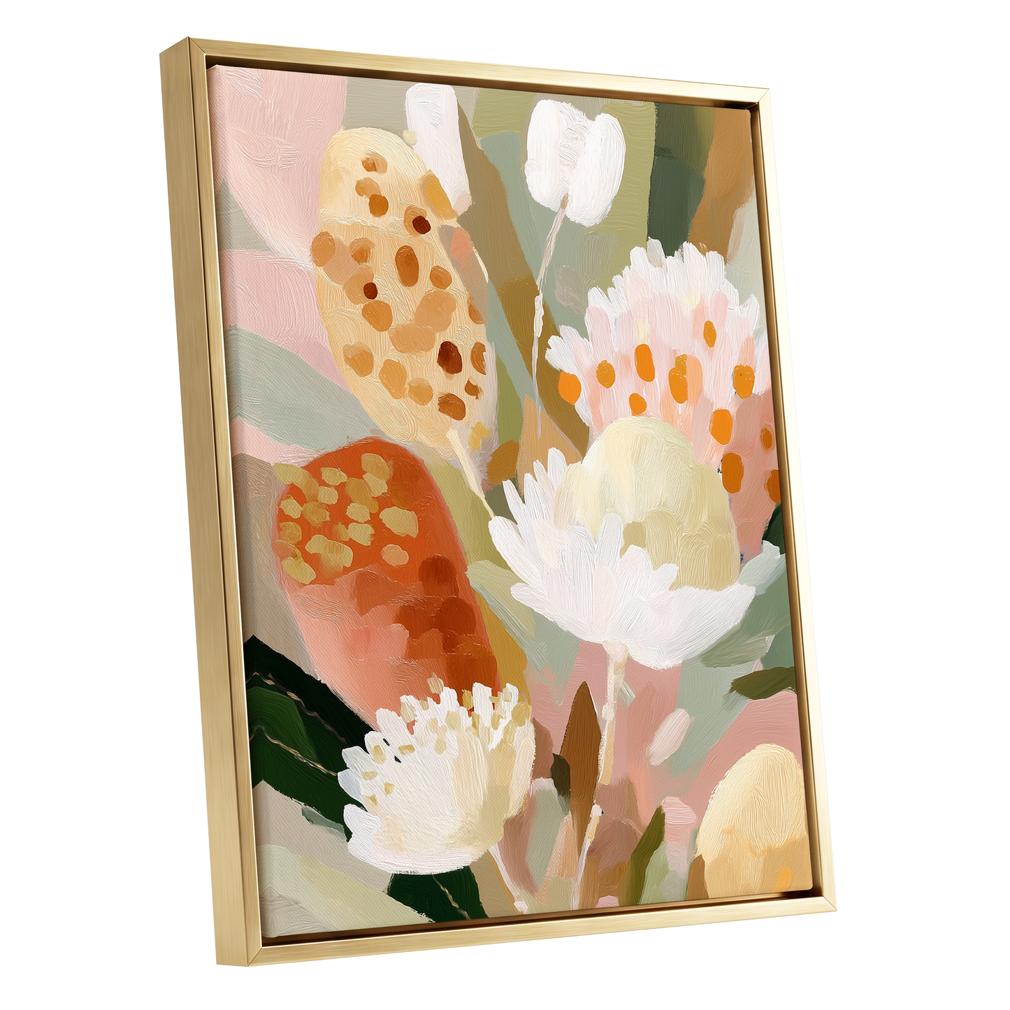 Petal Tapestry, pink, white, green floral wall art shown as a gold framed canvas wall art