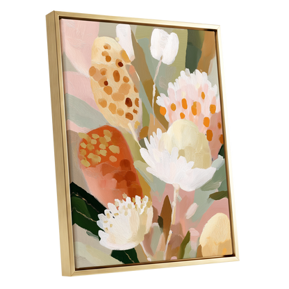 Petal Tapestry, pink, white, green floral wall art shown as a gold framed canvas wall art
