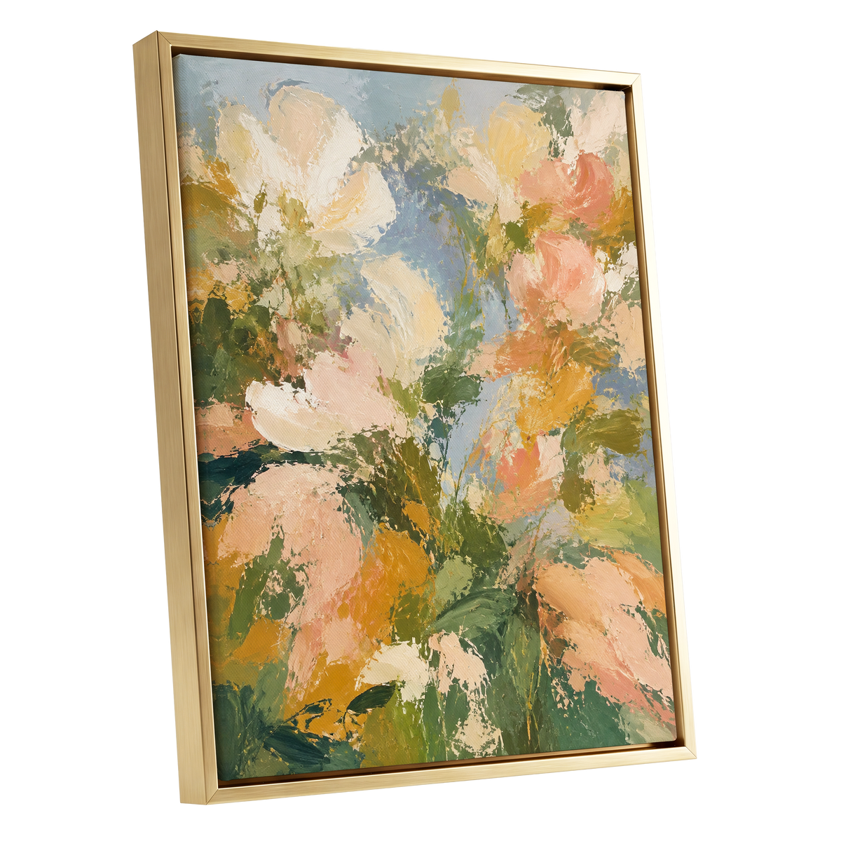 Petal Tapestry, green, pink, beige floral wall art shown as a gold framed canvas wall art