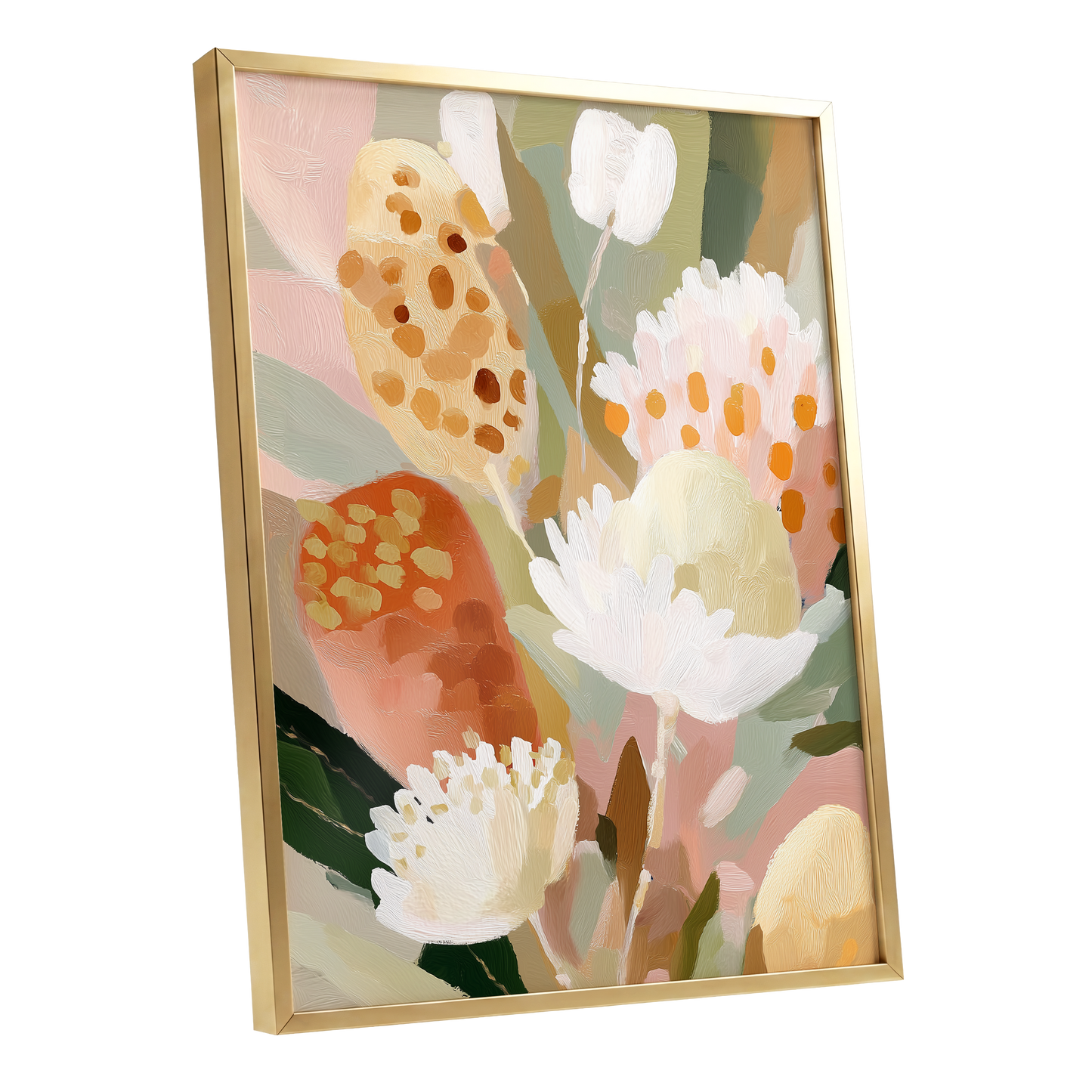 Petal Tapestry, pink, white, green floral wall art shown as a gold framed poster wall art print